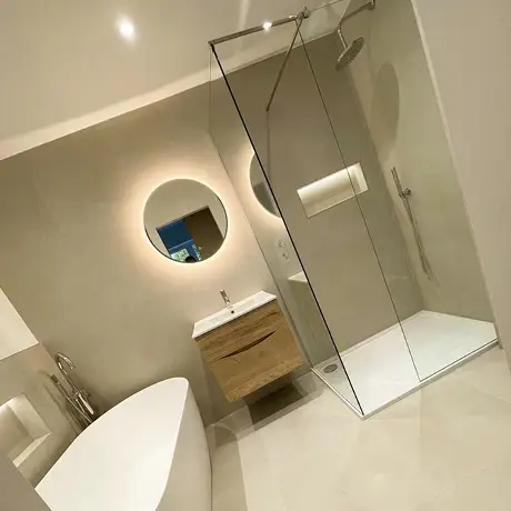 Natural white tiles in bathroom setting