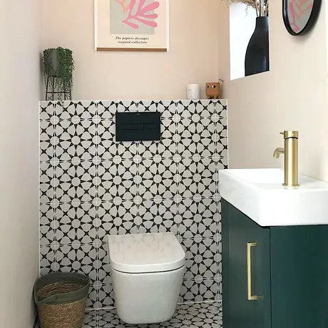 Black and white tiled toilet wall
