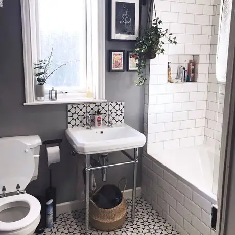 Black and White Patterned Floor Tile in Bathroom