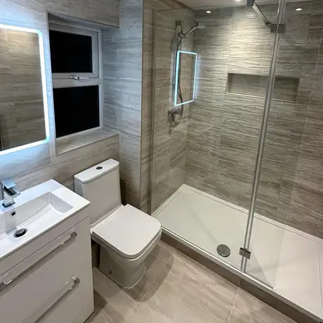 Cream tiles in bathroom setting 
