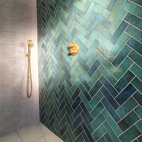 Herringbone Teal Showerwall with Grey Tiles