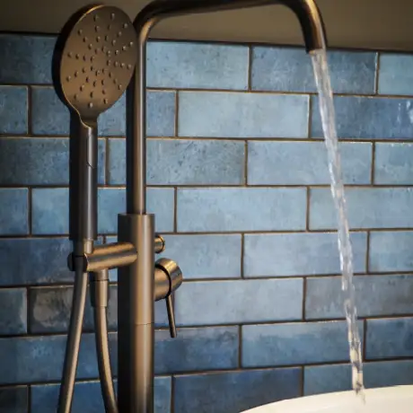 Blue tiles in bathroom setting