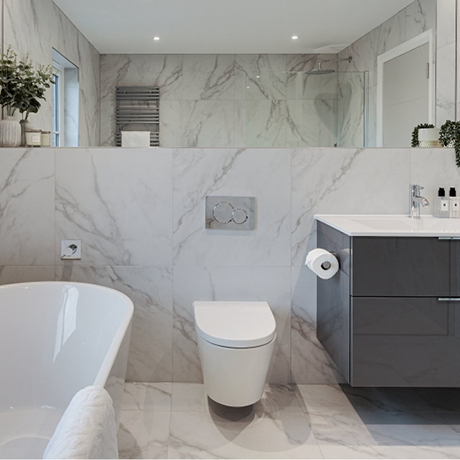 Kingston white marble tiles in modern bathroom