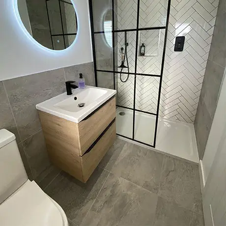 Crackle White Herringbone Shower with Grey Floor