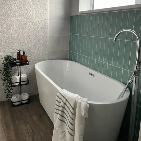 Mint Green Stacked Tile Feature Bathroom Wall and White Texture Tiles