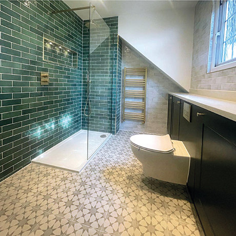 Contemporary bathroom featuring Cuban Silver Star and Dyroy Green & White