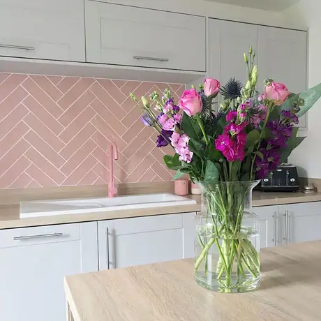 Pink Herringbone Tile Kitchen Splashback