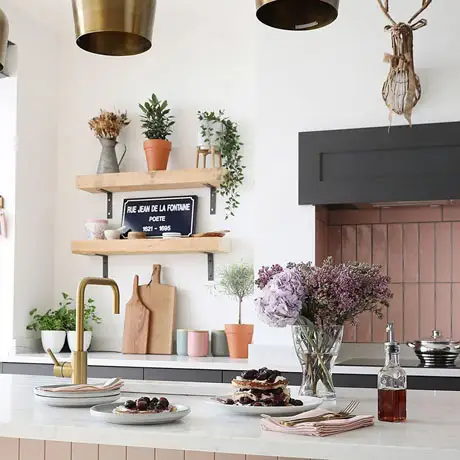 Pink Tiles with Grey Grout in Kitchen