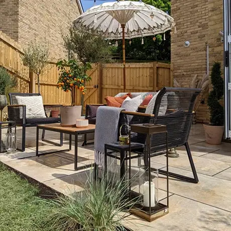 Ivory Outdoor Tile in Small Patio Area