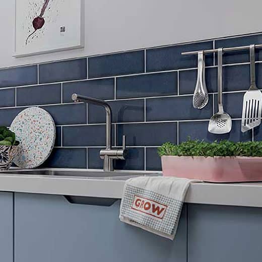 Blue kitchen tiles as seen on the CTD Tiles Instagram page