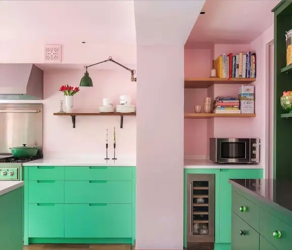 green and pink kitchen