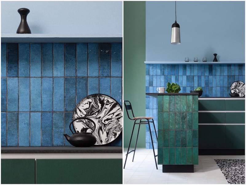 Vertical Tiles in a Blue Kitchen Setting