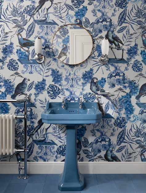 Bold bathroom wallpaper and tiles