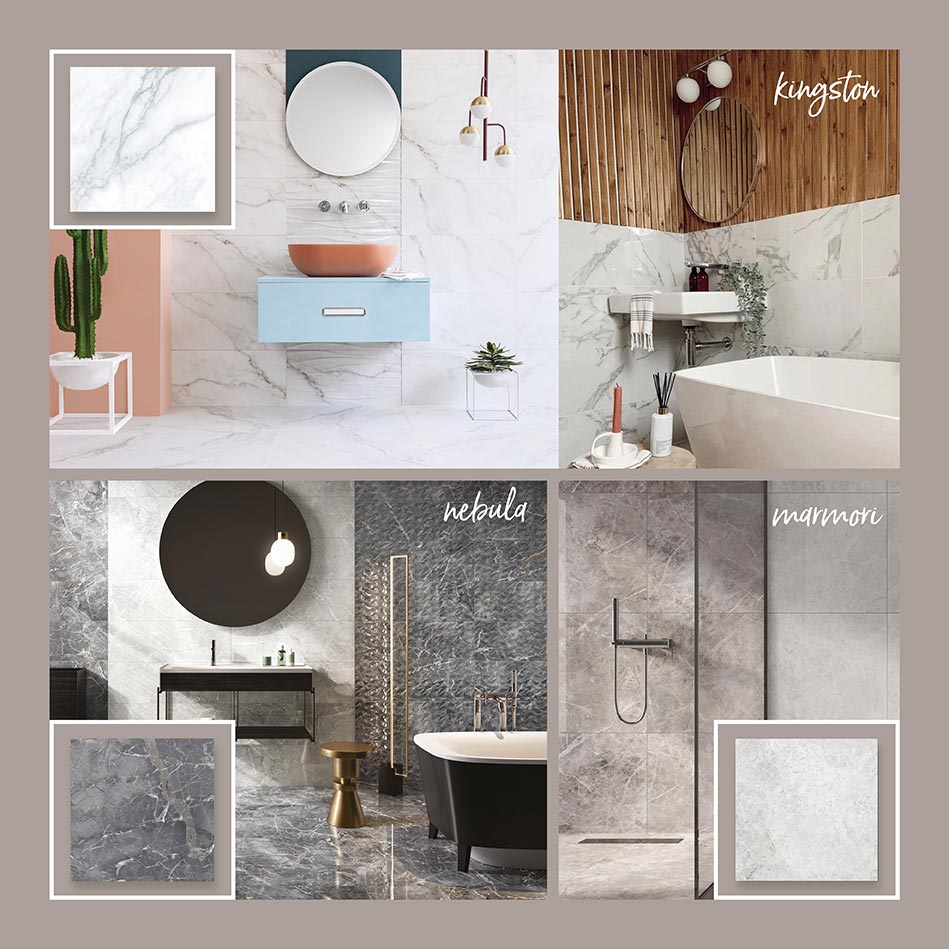 Modern-looking bathroom styles featuring Kingston, Nebula and Marmori