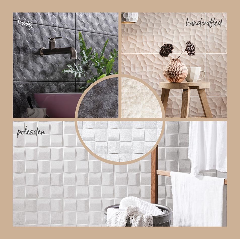 Textured tiles featuring Buxy, Handcrafted and Polesden