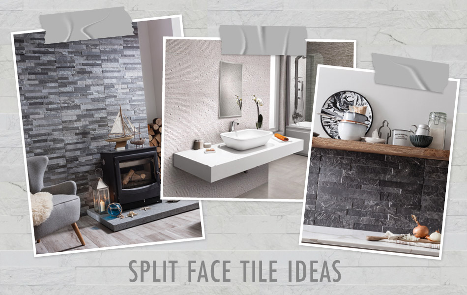 Grey split face tiles by Gemini in various room settings.