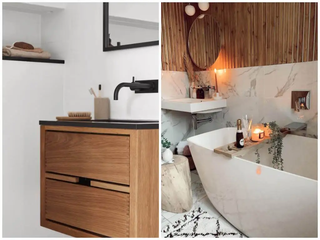 Mixed materials and accents in bathrooms