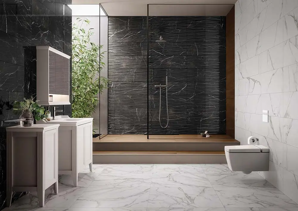 Black and white large bathroom