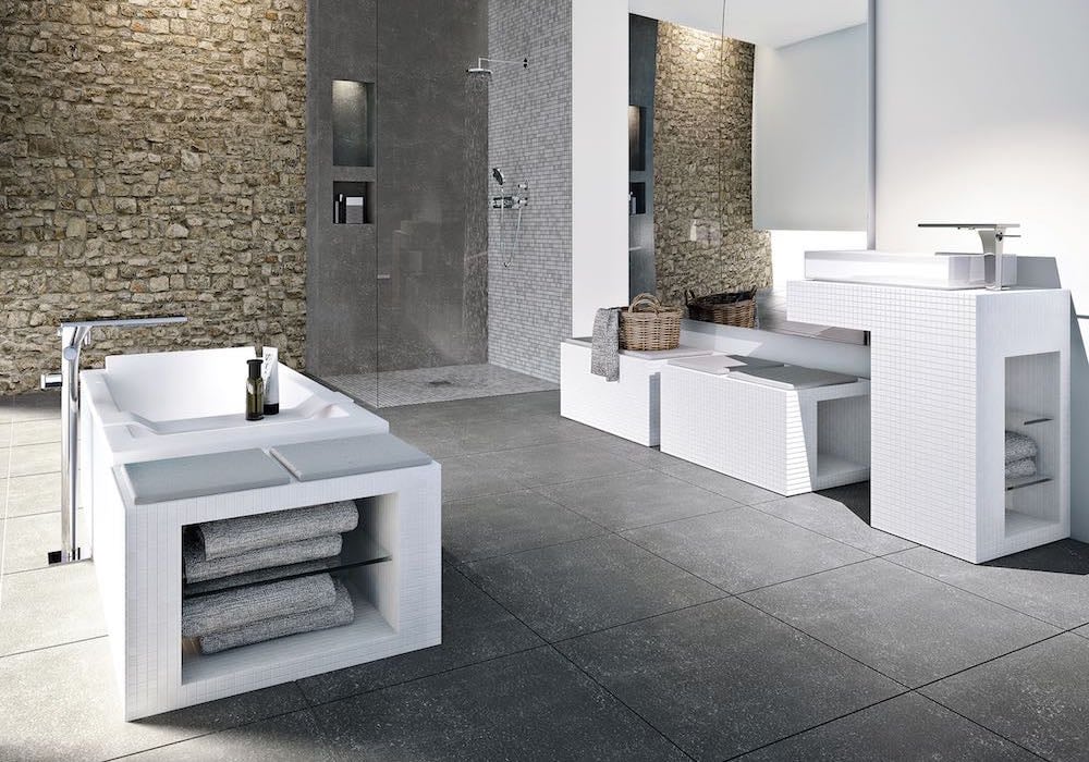 Completed wet room with tiles installed
