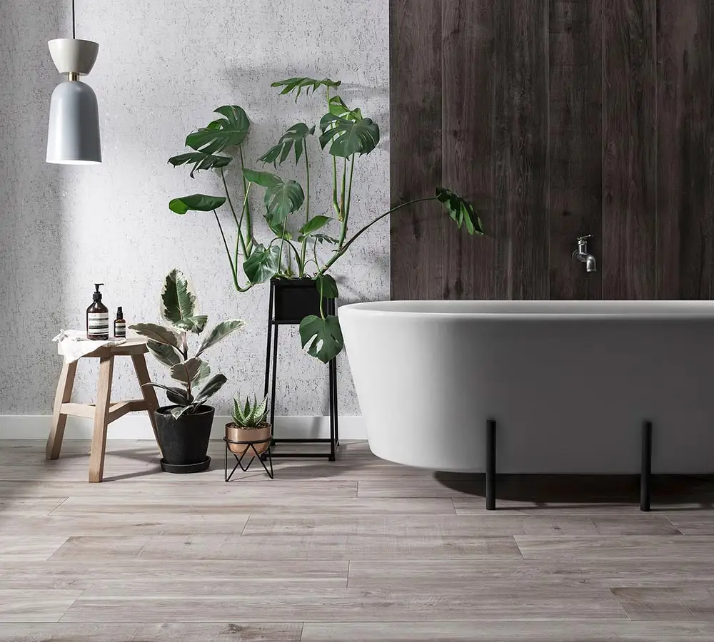 Natural wood effect bathroom tiles