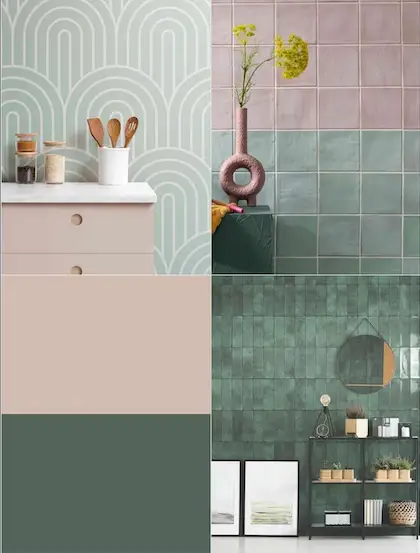 green and pink kitchen