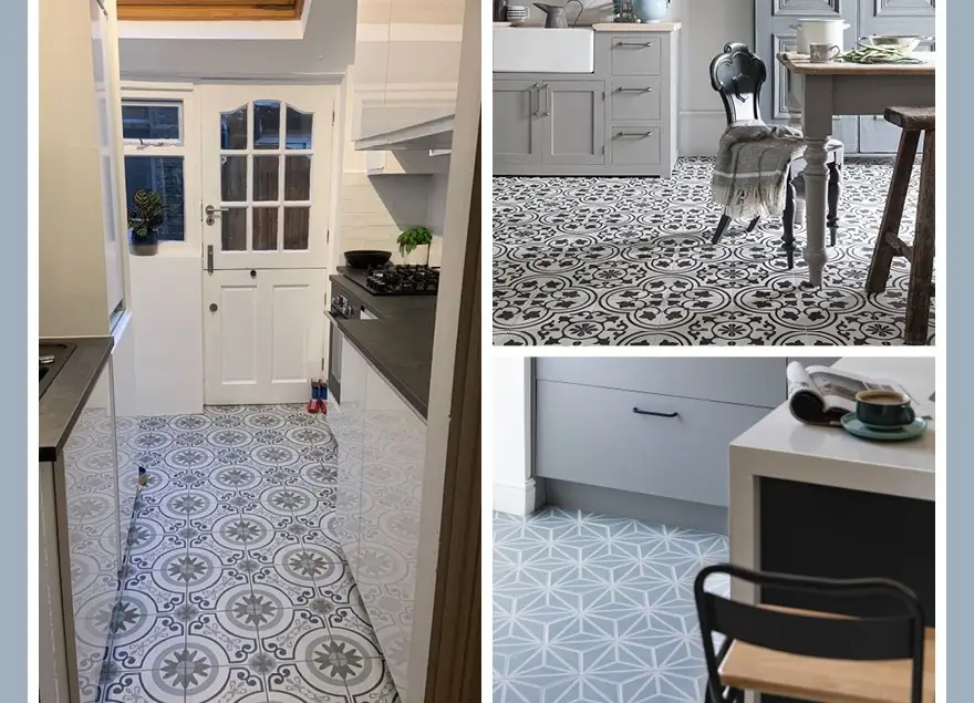 Patterned floor tiles for small kitchen