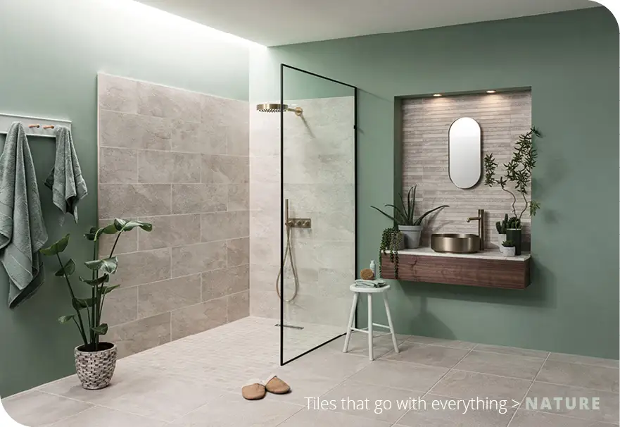 Non slip bathroom floor and wall tiles nature