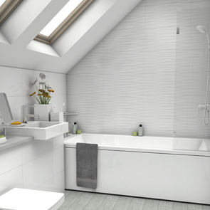 A modern bathroom settin with the satin alabaster tile with wave feature and rectangular bath