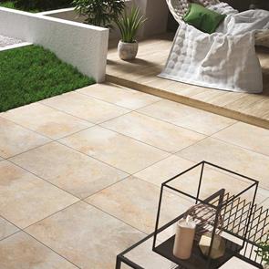 Burlington Ivory Outdoor 20mm porcelain tile on a external patio with complimenting garden furniture