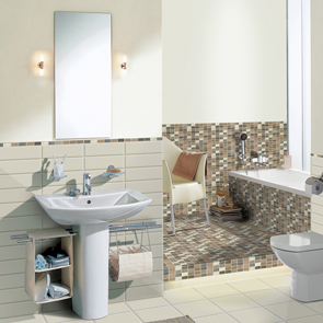 Cream wall and floor tiles with a brown mosaic feature. 