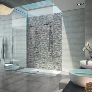 Evoke grey tile in a modern bathroom, with shower enclosure and his and her sinks