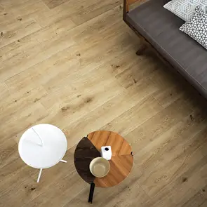Living room tiled with treverkever natural tile with matching wood effect coffee table