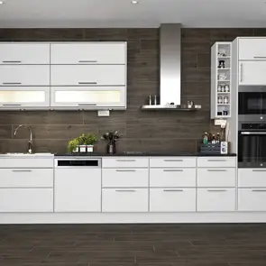 Dark coloured wood being used as a focal feature in a gloss white kitchen, with stainless steel appliances.