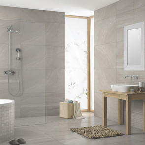 British Stone Beige Porcelain Floor tile with matching wall tile and mosaic bath panel