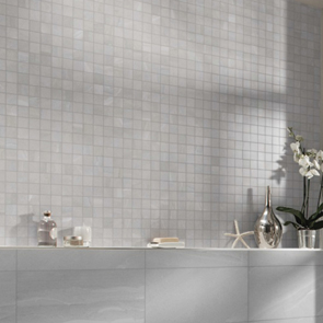 British stone Grey mosaic used as a back splash / Feature panel in a modern bathroom