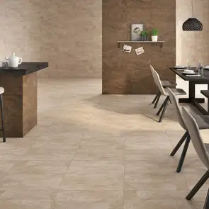 Large dining resteraunt area fully tiled in metro beige with multiple dining set ups