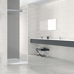 Classic concept white marble décor tile with floating sink and matching porcelain floor tile