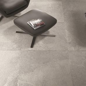 Close up of Rock Grey 600x60 Porcelain tile with black foot stand