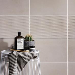 Cement tech mini white wall tile with matching feature and bathroom acessories