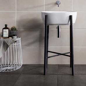 Cement Tech Mini Anthracite tile used as a dark contrast against the Cement Tech white wall tile