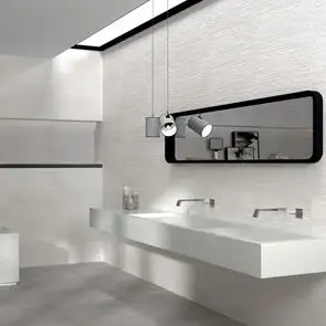 Modern bathroom design with white furnishings, contrasting black mirror and 600x300 Timeless scraped décor being used as a feature wall.