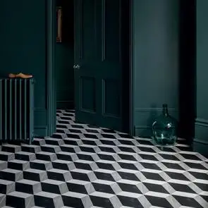 Cuban black block tile being used in a traditional styled hallway with antique green paint