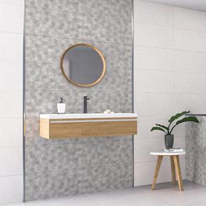 Buxy Gris Hexagon décor tile being used a feature strip in a modern bathroom setting with floating accessories