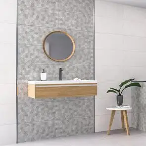 Buxy Gris Hexagon décor tile being used a feature strip in a modern bathroom setting with floating accessories