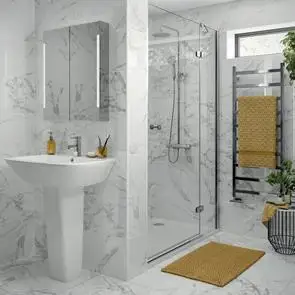 Lassen Carrara (white) gloss marble effect tile on modern bathroom wall and floor