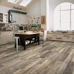 Gemini Wood tile collection in Greige on Kitchen Floor