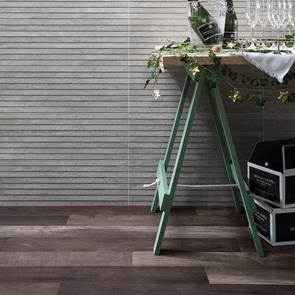 Gemini Wood shown in Dark on kitchen floor with Knole textured wall décor