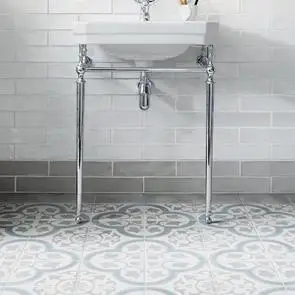 Poitiers moonlight grey gloss tile being used as an upstand in a traditional styled bathroom