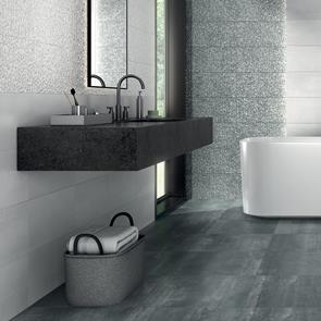 Barrington graphite floor tile in a modern bathroom setting with coordinating wall tioles