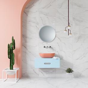Retro luxe bathroom with Gemini Kingston marble look gloss wall tiles and wave décor